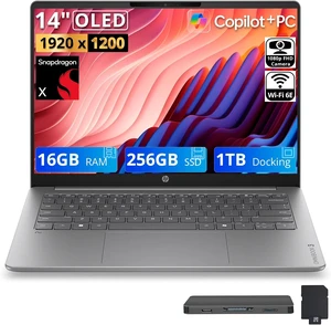 HP OmniBook 3 14" 2K OLED Copilot+ PC Laptop, Snapdragon X X1-26-100, 16GB LPDDR5X, 1.25TB Storage (256GB SSD+1TB Docking Station), Qualcomm Adreno GPU, FHD IR Camera, Wi-Fi 6E, Win 11, Graphite HP OmniBook 3 14" 2K OLED Copilot+ PC Laptop, Snapdragon X X1-26-100, 16GB LPDDR5X, 1.25TB Storage (256GB SSD+1TB Docking Station), Qualcomm Adreno GPU, FHD IR Camera, Wi-Fi 6E, Win 11, Graphite