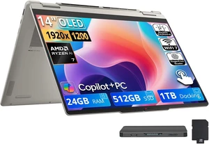 Lenovo Yoga 7a 2-in-1 14" WUXGA OLED Touch Laptop, AMD Ryzen AI 7 445, 24GB LPDDR5X, 1.5TB Storage (512GB SSD+1TB Docking Station), Copilot+ PC, Backlit, Fingerprint Reader, Win 11, Seashell Lenovo Yoga 7a 2-in-1 14" WUXGA OLED Touch Laptop, AMD Ryzen AI 7 445, 24GB LPDDR5X, 1.5TB Storage (512GB SSD+1TB Docking Station), Copilot+ PC, Backlit, Fingerprint Reader, Win 11, Seashell