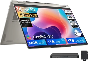 Lenovo Yoga 7a 2-in-1 14" WUXGA OLED Touch Laptop, AMD Ryzen AI 7 445, 24GB LPDDR5X, 2TB Storage (1TB SSD+1TB Docking Station), Copilot+ PC, Backlit, Fingerprint Reader, Win 11, Seashell Lenovo Yoga 7a 2-in-1 14" WUXGA OLED Touch Laptop, AMD Ryzen AI 7 445, 24GB LPDDR5X, 2TB Storage (1TB SSD+1TB Docking Station), Copilot+ PC, Backlit, Fingerprint Reader, Win 11, Seashell