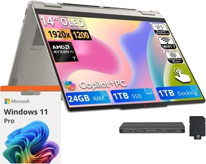 Lenovo Yoga 7a 2-in-1 14" WUXGA OLED Touch Laptop, AMD Ryzen AI 7 445, 24GB LPDDR5X, 2TB Storage (1TB SSD+1TB Docking Station), Copilot+ PC, Backlit, Fingerprint Reader, Win 11 Pro, Seashell Lenovo Yoga 7a 2-in-1 14" WUXGA OLED Touch Laptop, AMD Ryzen AI 7 445, 24GB LPDDR5X, 2TB Storage (1TB SSD+1TB Docking Station), Copilot+ PC, Backlit, Fingerprint Reader, Win 11 Pro, Seashell