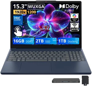 Lenovo IdeaPad Slim 3i 15.3" WUXGA Touch Laptop, Intel Core 7 350, 16GB DDR5 RAM, 3TB Storage (2TB SSD+1TB Docking Station), Intel Graphics, 720p HD Camera, Numeric Keypad, Win 11, Cosmic Blue