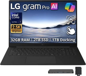 LG gram Pro 16" WQXGA Touchscreen Dual AI Business Laptop, Intel Core Ultra 7 355, 32GB LPDDR5X, 3TB Storage(2TB SSD+1TB Docking Station Set), Backlit Keyboard, Facial recognition, Win 11, Black LG gram Pro 16" WQXGA Touchscreen Dual AI Business Laptop, Intel Core Ultra 7 355, 32GB LPDDR5X, 3TB Storage(2TB SSD+1TB Docking Station Set), Backlit Keyboard, Facial recognition, Win 11, Black