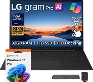 LG gram Pro 16" WQXGA Touchscreen Dual AI Business Laptop, Intel Core Ultra 7 355, 32GB LPDDR5X, 2TB Storage(1TB SSD+1TB Docking Station Set), Backlit Keyboard, Facial recognition, Win 11 Pro, Black LG gram Pro 16" WQXGA Touchscreen Dual AI Business Laptop, Intel Core Ultra 7 355, 32GB LPDDR5X, 2TB Storage(1TB SSD+1TB Docking Station Set), Backlit Keyboard, Facial recognition, Win 11 Pro, Black