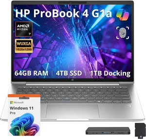 HP ProBook 4 G1a 14" WUXGA IPS Business Laptop, AMD Ryzen 7 250, 64GB DDR5 RAM, 5TB Storage(4TB SSD+1TB Dock Set), AMD Radeon 780M, Fingerprint, Backlit Keyboard, Win 11 Pro, Pike Silver HP ProBook 4 G1a 14" WUXGA IPS Business Laptop, AMD Ryzen 7 250, 64GB DDR5 RAM, 5TB Storage(4TB SSD+1TB Dock Set), AMD Radeon 780M, Fingerprint, Backlit Keyboard, Win 11 Pro, Pike Silver