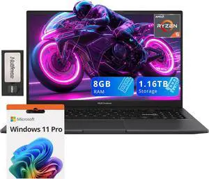 ASUS VivoBook S15 Slim Laptop, 15.6" FHD Display, Ryzen 5-5600H, 8GB RAM, 1.16TB Storage(1TB SSD +160GB Docking Station), AMD Radeon Graphics, Backlit Keyboard, Fingerprint, WiFi 6, Win 11 Pro, Black