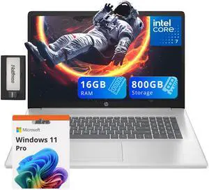 HP 17.3" FHD IPS Anti-Glare Laptop, Intel 7-150U, 16GB RAM, 800GB Storage (512GB SSD+288GB Docking Station Set), Intel Graphics, 1080p FHD Camera, Fast Charge, Win 11 Pro, Silver