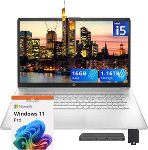HP 17.3" FHD IPS Business Laptop, Intel i5-1334U, 16GB RAM, 1.16TB Storage (1TB SSD+160GB Docking Station Set), Intel Graphics, Full-Size Keyboard, Fingerprint Reader, Wi-Fi 6, Windows 11 Pro, Silver