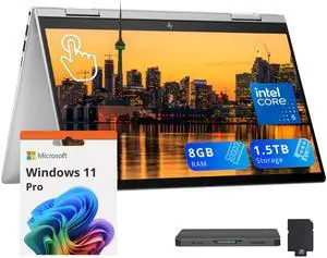 HP Envy x360 2-in-1 14" FHD IPS Touch Laptop, Intel 5 120U, 8GB RAM, 1.5TB Storage (1 TB SSD+512GB Docking Station Set), Backlit Keyboard, Fingerprint, Copilot, 5MP IR Camera,Win 11 Pro, Silver