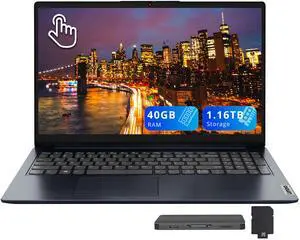 Lenovo IdeaPad 1i 15.6" FHD Touchscreen Laptop, Intel i5-1335U, 40GB RAM, 1.16TB Storage (1TB SSD+160GB Docking Station Set), Iris Xe Graphics, Numeric Pad, Windows 11 Home, Blue