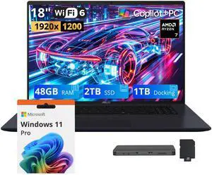 ASUS Vivobook 18 18" WUXGA 144Hz Business Laptop, AMD Ryzen 7 260, 48GB DDR5, 3TB Storage (2TB SSD+1TB Docking Station), AMD Radeon Graphics, Copilot+ PC, Backlit Keyboard, Win 11 Pro, Blue ASUS Vivobook 18 18" WUXGA 144Hz Business Laptop, AMD Ryzen 7 260, 48GB DDR5, 3TB Storage (2TB SSD+1TB Docking Station), AMD Radeon Graphics, Copilot+ PC, Backlit Keyboard, Win 11 Pro, Blue