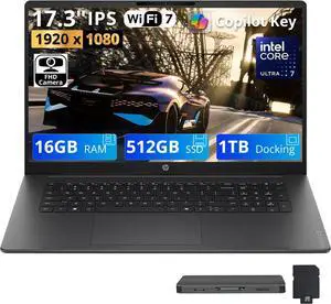HP OmniBook 3 17.3" FHD IPS AI Laptop, Intel Core Ultra 7 255U, 16GB DDR5, 1.5TB Storage (512GB SSD+1TB Docking Station), Intel Graphics, Backlit Keyboard, FHD Camera, Wi-Fi 7, Win 11, Mica Silver HP OmniBook 3 17.3" FHD IPS AI Laptop, Intel Core Ultra 7 255U, 16GB DDR5, 1.5TB Storage (512GB SSD+1TB Docking Station), Intel Graphics, Backlit Keyboard, FHD Camera, Wi-Fi 7, Win 11, Mica Silver
