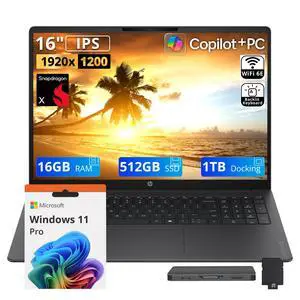 HP OmniBook 3 16" 2K Laptop, Snapdragon X X1-26-100, 16GB LPDDR5X, 1.5TB Storage (512GB SSD+1TB Docking Station Set), Qualcomm Adreno GPU, Copilot+ PC, Backlit Keyboard, Win 11 Pro, Iron Gray HP OmniBook 3 16" 2K Laptop, Snapdragon X X1-26-100, 16GB LPDDR5X, 1.5TB Storage (512GB SSD+1TB Docking Station Set), Qualcomm Adreno GPU, Copilot+ PC, Backlit Keyboard, Win 11 Pro, Iron Gray