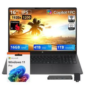 HP OmniBook 3 16" 2K Laptop, Snapdragon X X1-26-100, 16GB LPDDR5X, 5TB Storage (4TB SSD+1TB Docking Station Set), Qualcomm Adreno GPU, Copilot+ PC, Backlit Keyboard, Win 11 Pro, Iron Gray HP OmniBook 3 16" 2K Laptop, Snapdragon X X1-26-100, 16GB LPDDR5X, 5TB Storage (4TB SSD+1TB Docking Station Set), Qualcomm Adreno GPU, Copilot+ PC, Backlit Keyboard, Win 11 Pro, Iron Gray