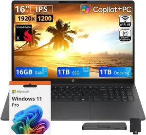HP OmniBook 3 16" 2K Laptop, Snapdragon X X1-26-100, 16GB LPDDR5X, 2TB Storage (1TB SSD+1TB Docking Station Set), Qualcomm Adreno, Copilot+ PC, Backlit Keyboard, Win 11 Pro, Iron Gray HP OmniBook 3 16" 2K Laptop, Snapdragon X X1-26-100, 16GB LPDDR5X, 2TB Storage (1TB SSD+1TB Docking Station Set), Qualcomm Adreno, Copilot+ PC, Backlit Keyboard, Win 11 Pro, Iron Gray