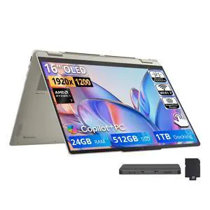 Lenovo Yoga 7a 2-in-1 16" 2K OLED Touchscreen Laptop, AMD Ryzen AI 7 445, 24GB LPDDR5X, 1.5TB Storage(512GB SSD+1TB Docking Station), Backlit Keyboard, Fingerprint Reader, Win 11, Seashell Lenovo Yoga 7a 2-in-1 16" 2K OLED Touchscreen Laptop, AMD Ryzen AI 7 445, 24GB LPDDR5X, 1.5TB Storage(512GB SSD+1TB Docking Station), Backlit Keyboard, Fingerprint Reader, Win 11, Seashell