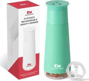 Kitchen Mama Rechargeable Gravity Salt and Pepper Grinder, Adjustable Coarseness, Refillable, Electric One-Hand-Operated, Small & Light Seasoning Tools - Automatic Spice Shakers Dispenser (Teal)