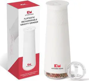 Kitchen Mama Rechargeable Gravity Salt and Pepper Grinder, Adjustable Coarseness, Refillable, Electric One-Hand-Operated, Small & Light Seasoning Tools - Automatic Spice Shaker Dispenser (White)