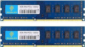 Rasalas PC3-12800U 16GB Kit DDR3 1600MHz (2x8GB) DDR3L 12800U RAM 2Rx8 DDR3L-1600 Udimm CL11 1.35V Desktop Computer Memory