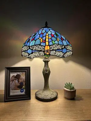 ENJOY DECOR LAMPS Tiffany Style Table Lamp Blue Stained Glass Dragonfly LED Bulb Included For Living Room Bedroom Bedside 12"W*12"D*19"H