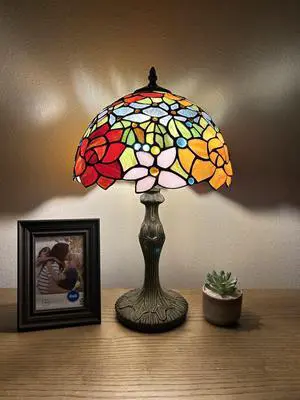 ENJOY DECOR LAMPS Tiffany Style Table Lamp Red Orange Stained Glass Rose Flowers LED Bulb Included for Living Room  Bedroom Bedside Office Hotel 19"H*12'W