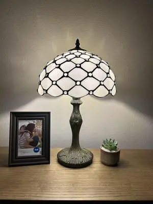 ENJOY DECOR LAMPS Tiffany Style Table Lamp White Stained Glass Crystal Beans Included LED Bulb For Living Room Bedroom Bedside 12"W*12"D*19"H