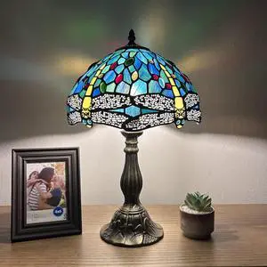 ENJOY DECOR LAMPS Tiffany Style Table Lamp Dragonfly Green Blue Stained Glass LED Bulb Included for Living room, Bedroom Bedside 12"W*12"D*19"H