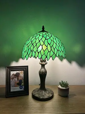 ENJOY DECOR LAMPS Tiffany Style Table Lamp Green Stained Glass Leaves Included LED Bulb for Living Room Dining Room Bedroom Bedside 12"W*12"D*19"H