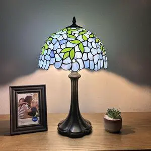 ENJOY DECOR LAMPS Tiffany Style Table Lamp Blue Stained Glass Green Leaves Included LED Bulb For Living Room Bedroom Bedside 12"W*12"D*19"H
