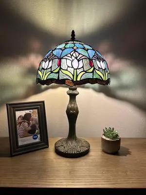 ENJOY DECOR LAMPS Tiffany Style Table Lamp Blue Purple Stained Glass Tulips LED Bulb Included For Living Room Bedroom Bedside 12"D*12"W*19"H