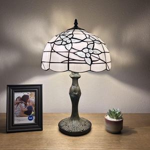 Tiffany Table Lamp White Stained Glass Flowers LED Bulb Included Bedroom Living Room Hotel Office Vintage 12"W*19"H