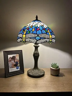 ENJOY DECOR LAMPS Tiffany Style Table Lamp Blue Stained Glass Dragonfly LED Blub Included for Living Room Bedroom Bedside Office Hotel 12"W*19"H