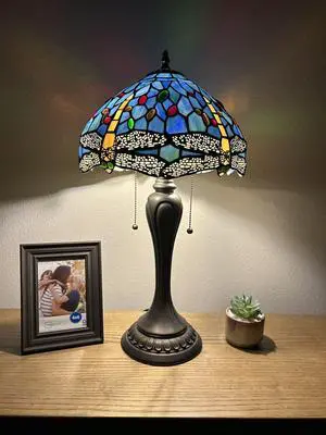 ENJOY DECOR LAMPS Tiffany Style Table Lamp Blue Stained Glass Dragonfly LED Bulbs Included For Living Room Bedroom Bedside 12"W*12"D*22"H