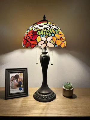 ENJOY DECOR LAMPS Tiffany Style Table Lamp Red Orange Stained Glass Rose Flowers LED Bulbs Included for Living Room Bedroom Bedside 12"W*12"D*22"H