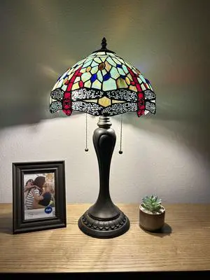 ENJOY DECOR LAMPS Tiffany Style Table Lamp Jade Green Stained Glass Dragonfly LED Bulbs Included  for Living Room Bedroom Bedside 12"W*12"D*22"H