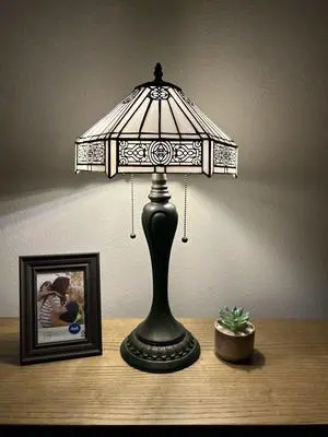 ENJOY DECOR LAMPS Tiffany Style Table Lamp White Hexagon Stained Glass LED Bulbs Included  for Living Room Bedroom Bedside 12"W*12"D*22"H