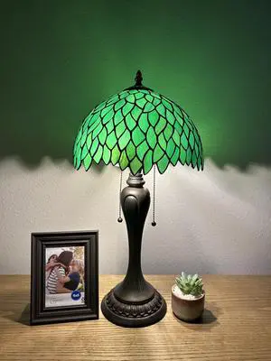 ENJOY DECOR LAMPS Tiffany Style Table Lamp Green Stained Glass Green Leaves Included LED Bulbs for Living Room Bedroom Bedside 12"W*12"D*22"H