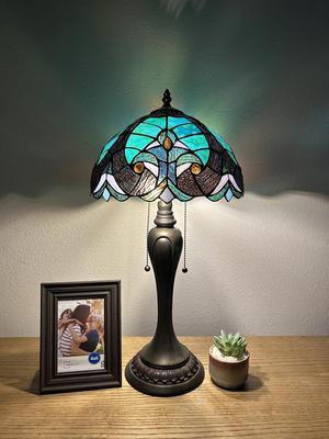 Tiffany Table Lamp Green Brown Stained Glass LED Bulbs Included Pull Chain Switches for Living Room Bedroom Bedside 12"W*12"D*22"H
