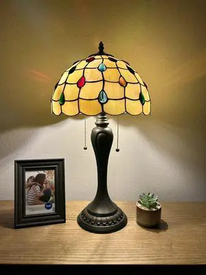 ENJOY DECOR LAMPS Tiffany Style Table Lamp Gold Stained Glass Crystal Beans LED Bulbs Included for Living Room Bedroom Bedside 12"W*12"D*22"H
