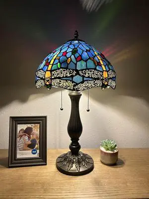 ENJOY DECOR LAMPS Tiffany Style Table Lamp Dragonfly Blue Stained Glass LED Bulbs Included for Living Room Bedroom Bedside 12"W*12"D*22"H