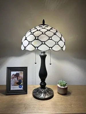 ENJOY DECOR LAMPS Tiffany Style Table Lamp White Stained Glass Crystal Beans Included LED Bulbs for Living Room Bedroom Bedside 12"W*12"D*22"H