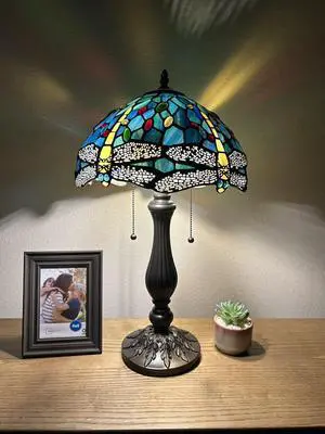 ENJOY DECOR LAMPS Tiffany Style Table Lamp Green Blue Stained Glass Dragonfly LED Bulbs Included for Living Room Bedroom Bedside 12"W*12"D*22"H