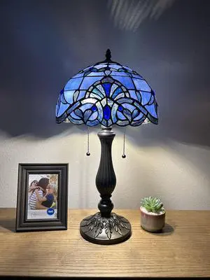 ENJOY DECOR LAMPS Tiffany Style Table Lamp Blue Stained Glass Baroque Style Lavender LED Bulbs Included for Living Room Bedroom 12"W*12"D*22"H