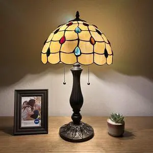 ENJOY DECOR LAMPS Tiffany Style Table Lamp Gold Stained Glass Crystal Beans LED Bulb Included for Living Room Bedroom Bedside 12"W*12"D*22"H