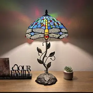 ENJOY DECOR LAMPS Tiffany Style Table Lamp Blue Stained Glass Dragonfly Included LED Bulb for Living Room Bedroom Bedside 12"W*12"D*22"H