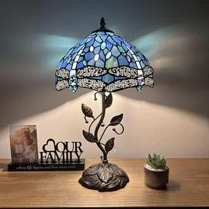 ENJOY DECOR LAMPS Tiffany Style Table Lamp Blue Stained Glass Dragonfly Iron Metal Leaves Bronze Base Included LED Bulb for Living Room Dining Room Bedroom Bedside  12"W*12"D*22"H