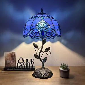 ENJOY DECOR LAMPS Tiffany Style Table Lamp Blue Stained Glass Baroque Style Lavender LED Bulb Included for Living Room Bedroom Bedside 12"W*12"D*22"H