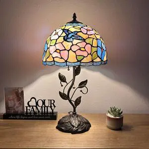 ENJOY DECOR LAMPS Tiffany Style Table Lamp Pink Blue Stained Glass Hummingbird Flowers  Included LED Bulb for Living Room Bedroom Bedside 12"W*12"D*22"H
