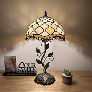 ENJOY DECOR LAMPS Tiffany Style Table Lamp Beige Stained Glass Crystal Beans Included LED Bulb for Living Room Dining Room Bedroom Bedside 12"W*12"D*22"H