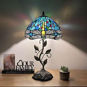 ENJOY DECOR LAMPS Tiffany Style Table Lamp Green Blue Stained Glass Dragonfly Base Included LED Bulb for Living Room Bedroom Bedside 12"W*12"D*22"H