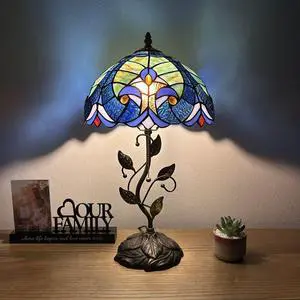 ENJOY DECOR LAMPS Tiffany Style Table Lamp Green Blue Stained Glass Included LED Bulb for Living Room Dining Room Bedroom Bedside 12"W*12"D*22"H